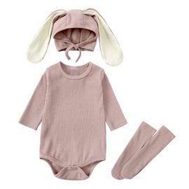 Trsenvrml Baby Easter Outfit for Newborn Boys Girls Bunny Romper With Tail + Rabbit Ears Hat + Socks Set 3Pc (Brown, 12-18M)
