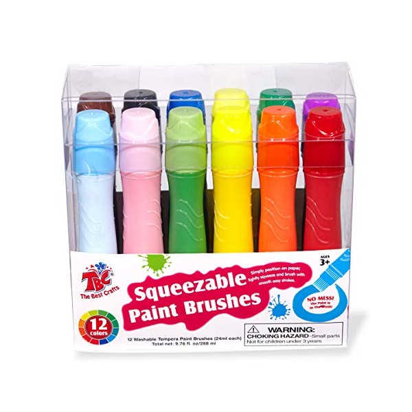TBC The Best Crafts 12 Colours Squeezable Brush Paints for Kids, Washable Tempera Paint Brushes, Kids Grip Strengthen Art Toys, Assorted Baisic/ Neon/ Pastel Colors( 24ml/0.8oz Each), Easy to Paint