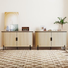 Phoenix Home Sideboard Buffet Cabinet with Storage, Mid-Century Modern Bedside Table with Sliding Doors and Multifunctional Console Table for Living Room, Kitchen, Entryway, Oak