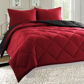 Super Soft Goose Down Alternative 3-Piece Reversible Comforter Set, King, Black/Burgundy