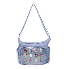 Canvas Ita Bag Crossbody Shoulder Bag Kawaii Purses and Handbags with Anime Pins Display, Gray Blue