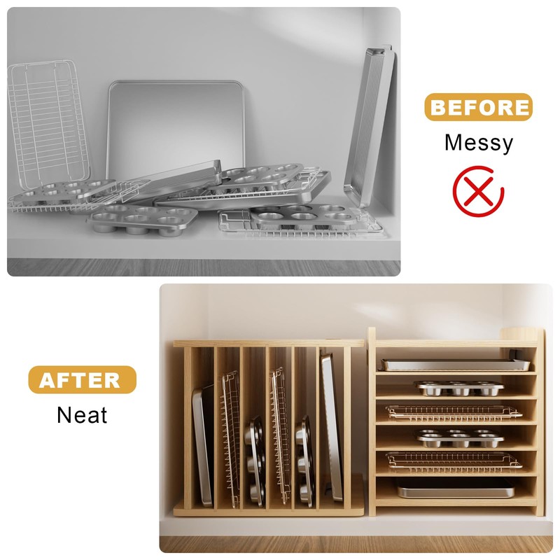 7 Tier Wooden Tray Dividers for Cabinets Cookie Sheet Organizer