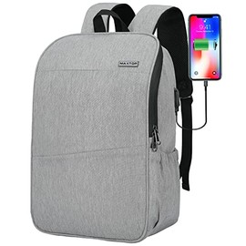 Deep Storage Laptop Backpack with USB Charging Port[Water Resistant] College School Computer Bookbag Fits 16 Inch Laptop (15.6 inch, Light Grey)