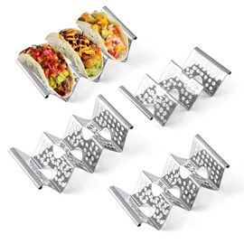 Chbuuero Taco Holders Set of 4, Taco Stand, Stainless Steel Taco Holder, Each Can Hold 3 Tortillas, with Easy-Access Handle, Fits Microwave, Air Fryer and Oven