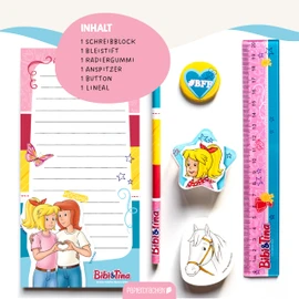 Papierdrachen 6-Piece Writing Set for Primary School Children Bibi and Tina with Pencil Sharpener Ruler Eraser Writing Pad for School Enrolment Party Bags for Children's Birthday Parties Set 8