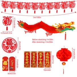 28 Pcs Chinese New Year Decorations Chinese Dragon Garland Red Lantern Red Envelopes Hong Bao Chinese Fu Hanging Garland Fu Window Decals ChunHui Stickers for 2025 Chinese Lunar New Year Decorations