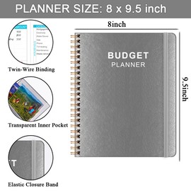 Budget Planner & Monthly Bill Organizer with Pockets. Expense Tracker Notebook, Budgeting Journal and Financial Planner Budget Book to Control Your Money, PU Leather Cover, 8" x 9.5", Grey Budget Planners