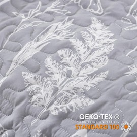 JANZAA Quilts Queen Size Bed Spread Botanical 3 Pieces Quilts Queen Size Sets with Floral Pattern Lightweight Microfiber Bedding Reversible 1 Quilt and 2 Pillow Cases-Grey