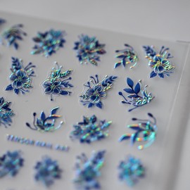 Flower Nail Stickers Decals 5D Embossed Blue Floral Nails Art Stickers Holographic Leaf Nail Designs Nail Decals Self-Adhesive Nails Decals for Women Girls DIY Nails Art Decorations Manicure