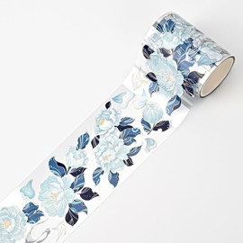 Valtiner Washi Tape, PET Decorative Adhesive Crafts Tapes for Journals Planners Scrapbook Supplies, Floral Transparent Designed Stickers DIY Waterproof Arts (Blue Flower)