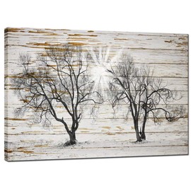 sechars - Rustic Tree Picture Canvas Print Vintage Farmhouse Living Room Decor Rural Countryside Landscape Painting Artwork Framed - 24"x36"