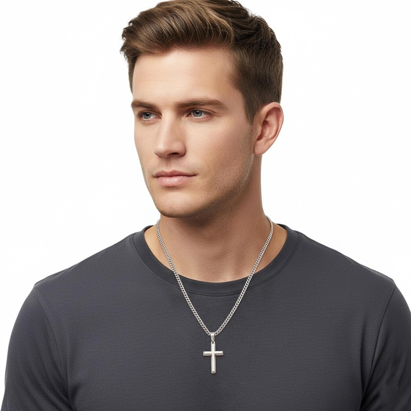 Fiusem Silver Tone Cross Necklace for Men, Beveled Edge Trapezoid