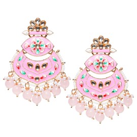 Bindhani Indian Hand-Painted Meenakari Kundan Earrings For Women (Gold-Plated, Light-Pink)