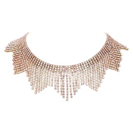 Flyonce Rhinestone Choker Necklace for Women Nightclub Party Prom, Sparkly Crystal Tassel Fringe Chain Neck Rave Jewelry Iridescent Clear AB Gold-Tone