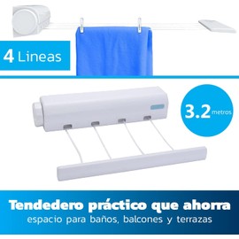 Bluelander Tendedero de Ropa Retráctil Plegable, 4 Cables de 3.2 Metros, Ajustable, Fácil de Instalar para Interiores y Exteriores con Bloqueo de Longitud para Secado de Ropa