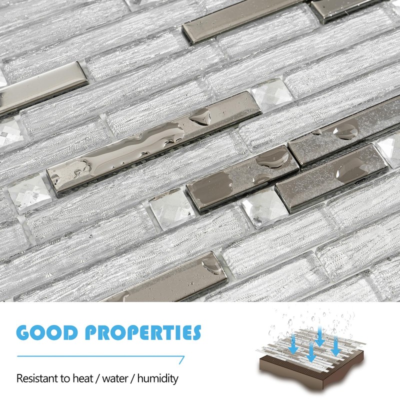 SODI MOSAIC White & Silver Glass Mosaic Backsplash Tiles, 12"