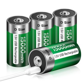 USB D Rechargeable Batteries Lithium 1.5V Constant Output 15000mWh Li-ion D Cell with Type-C Charging Cable,4 Pack