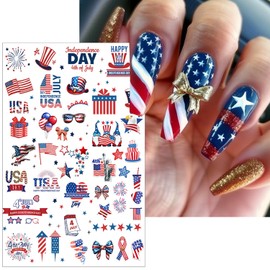 6pcs 4th of July Nail Stickers 3D Nail Decals Independence Day Nail Art Sticker for USA Flags Heart Star Stripe Letters Fireworks Nails Design Adhesive Sticker Patriotic Manicure Decorations for Women