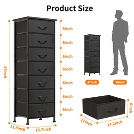 Fixwal Black Tall Skinny Dresser for Bedroom, Narrow Storage Dresser Organizer with 7 Fabric Drawers, Nightstand Furniture in Closet, Entryway, Hallway