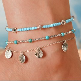 QILVYTH Bead Ankle Bracelets for Women Waterproof Adjustable Boho Shell Anklet Summer Beach Seashell Conch Foot Jewelry Accessories (Blue Bead 3pc)