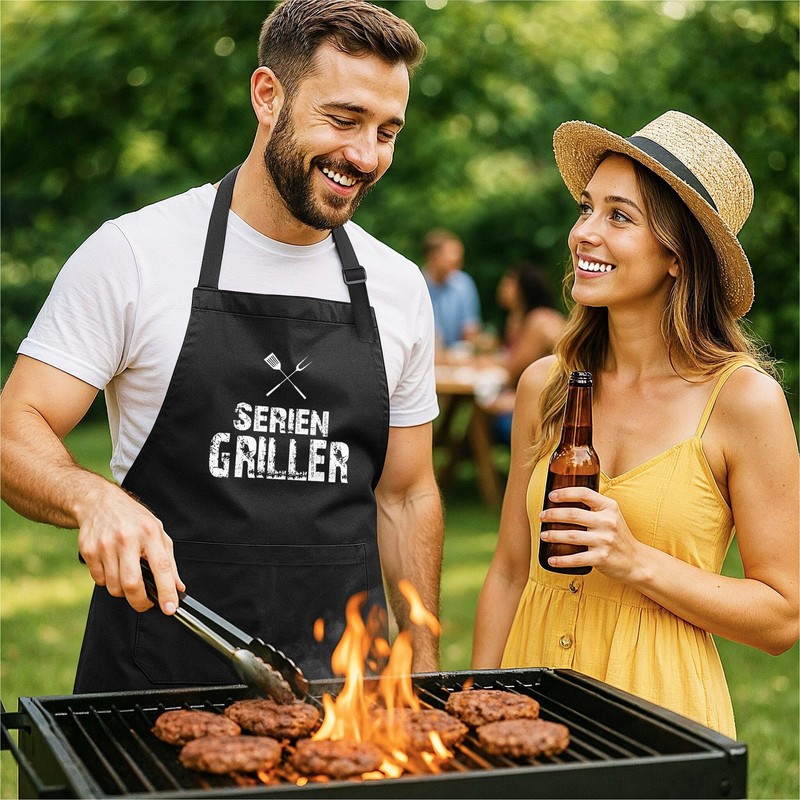 MoonWorks BBQ Apron for Men with Saying Serial Griller Cotton