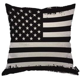 EKOBLA American Flag Throw Pillow Cover Distressed Retro Aged Stripes Grunge Historic Stars White Black Cozy Square Cushion Case for Men Women Boys Girls Room Home Decor Cotton Linen 18x18 Inch