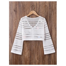 Verdusa Girl's 3D Floral Applique Long Sleeve Hollow Out Knitted Button Up Cardigan White 10Y