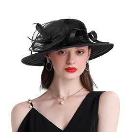 Women Organza Kentucky Sun-Hats - Wide-Brim Flower Church Hats Beach Derby Hat for Tea Party Wedding Bridal Dress Black