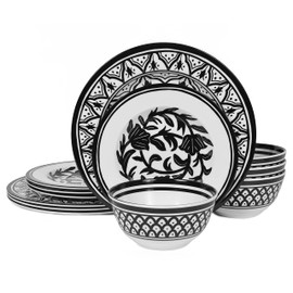 Lechoo Melamine Dinnerware Sets-12pcs Melamine Plates and Bowls Set, Unbreakable, Dishwasher Safe, Indoor Outdoor Use, Ideals for Parties, Camping Dish Set, Black and White Pattern