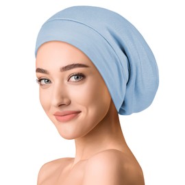 OLESILK Silk & Cotton Jersey Hat Lightweight and Soft Slouch Beanie Reversible Hat Knitted Hat Unisex Adjustable for Men and Women, Mist Blue