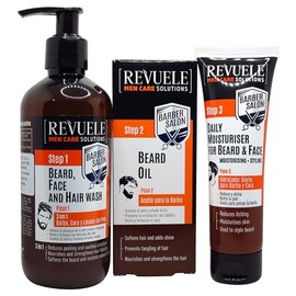 REVUELE MEN CARE SOLUTIONS 3 PACK SET CUIDADO DE CARA, CABELLO Y BARBA PARA CABALLERO 300ML30ML80ML