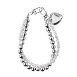 Pearl Heart Keychain Charm for Bag Backpack Accessories Y2k for Girls Women Cute Phone Charm Beaded Pearl Wristlet Keychain Silver Heart Key Chain Accessories for Purse Phone Chain Y2k Keychains