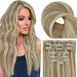 Fshine Clip in Hair Extensions Blonde Real Human Hair Highlight Dirty Blonde and Platinum Blonde Hair Extensions Double Weft Clip in Hair Extension 7PCS Hair Clip In 120g 22 Inch