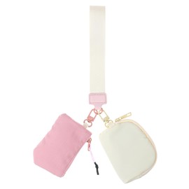 Mini Zip Around Wristlet Wallet for Women, Dual Pouch Keychain Wallet, Compact Organizer for Cards, Coins, And Keys for Travel (White, Pink)