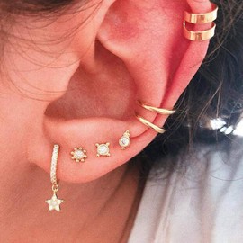 Missgrace 7 Pair Multiple Piercings Cute Big Hoop Elegant Rhinestones Earrings Set Vintage Star Earring Set Bohemian Earrings Stud Earrings Gold Punk Chain Earrings Set for Women and Girls (Style 3)