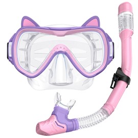 2025 Cute Kitten Kids Snorkel Set,Pastel Colors, Anti-Fog Tempered Glass Snorkeling Gear for Kids Age 6 and up – Ideal for Birthdays or Graduation Celebrations!