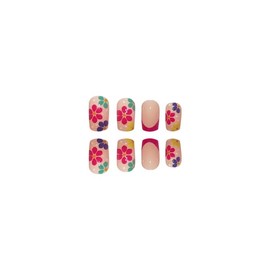 MouYou Press on Nails Short Square Wide Nude Rose Red French Tip Fake Nails Full Cover Artificial Nails with Nail Glue, Square Coloured Floral Colourful Flower Acrylic Artificial Fingernails