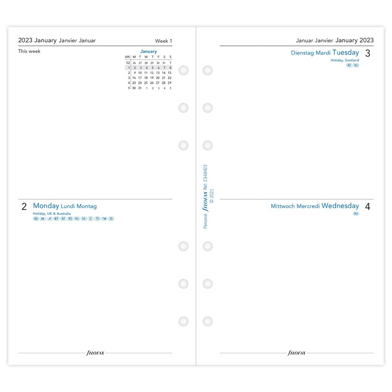 Filofax Personal Two Days per Page 3 Language 2023 Diary