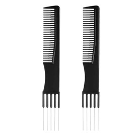 Pack of 2 Toupee Combs for Women, Double Head and Metal Tip Fork Comb, Black Hairdressing Handle Comb with Metal Fork & Fine Teeth