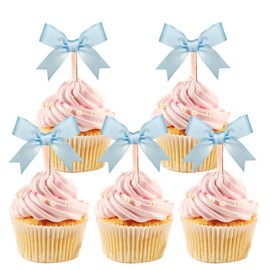24Pcs Bow Cupcake Toppers Pink Bow Birthday Decorations for Coquette Bridal Baby Shower Wedding Themed Party Decorations Supplies (Blue)
