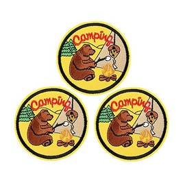 U-Sky Sew or Iron on Embroidered Patches | Camping Scene with Bear & Camper at Campfire | Outdoor Adventure Fun Design | Camping Enthusiasts Families | Jackets Backpacks Gear | 2.8"x2.8" 3PCs Pack