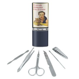 It's Not Really Drinking Alone if the Cat is Home Funny Humor Stainless Steel Manicure Pedicure Grooming Beauty Care Travel Kit