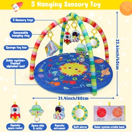 OKOOKO Baby Play Mat, Activity Baby Play Gym with Arch, Solor System Playmats & Floor Gyms, Alphabet Mat，Detachable Mirror and Soft Book, Thick Non Toxic Playmats