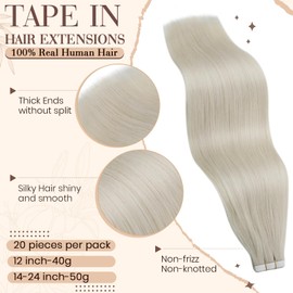 Hetto Blonde Tape in Hair Extensions Human Hair Tape in Extensions Real Human Hair Tape in Human Hair Extensions Straight #60 Platinum Blonde 14Inch 40g 20pcs