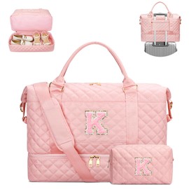 CLOUDWINGS Gifts for Women Initial Travel Duffle Bag Quilted Weekender Carry-On Overnight with Cosmetic Bag, Gym Bag with Shoe Compartment Hospital Bag for Labor Delivery, Pink K