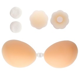 FANHUASJ Adhesive Bra Strapless Sticky Invisible Push up Silicone Bra,for Backless Dress with Nipple Covers Soft Silicone Bra D Cup Nude Color
