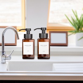 Foaming Soap Dispenser with Stainless Steel Pump, 12oz Refillable Glass Liquid Dish Soap Bottles for Bathroom, Kitchen Sink, Home Decor, 2 Pack