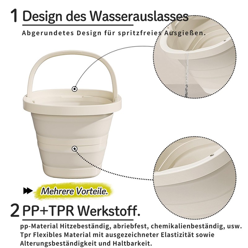 Foldable Bucket, 5L/10L, PP + TPR Material, White, Space-Saving, Foldable