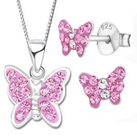 Children's Girls' Jewellery Set 925 Sterling Silver Cubic Zirconia Butterfly Earrings with Chain, Sterling Silver, Cubic Zirconia