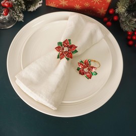 Utalek Christmas Napkin Rings Set of 6, Poinsettia Flower Napkin Rings Xmas Serviette Buckle Holder for Christmas Holiday Dinner Party Table Decoration